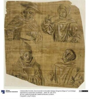 Zwei lesende Kirchenväter (heiliger Gregorius Magnus? und Heiliger Hieronymus) sowie zwei schreibende Mönche (heiliger Bernhard und heiliger Antonius?), jeweils in Halbfigur