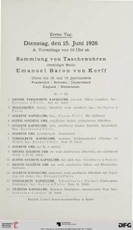 Sammlung von Taschenuhren ehemaliger Besitz Emanuel Baron von Korff (Nr. 1-271)