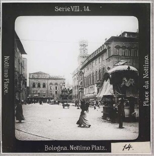 Bologna: Piazza Nettuno (Neptunplatz), falsch beschriftet mit Nottimo-Platz