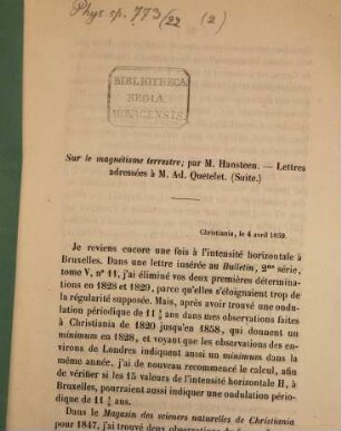Sur le magnétisme terrestre, [2]. Lettres adressées à M. Ad. Quetelet : (Suite)