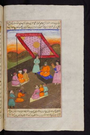Illustration: Der Herrscher von Čīn empfängt den Botschafter des Prinzen Ardašīr