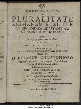 Disputatio Physica De Pluralitate Animarum Realiter Et Secundum Substantiam In Homine Distinctarum