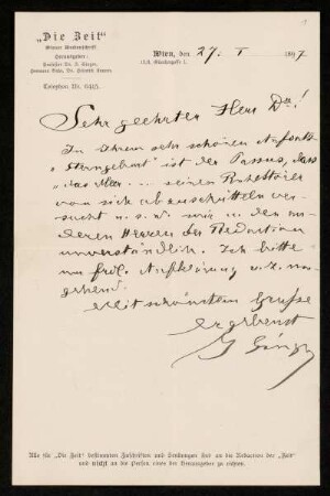 Nr. 1 Brief von Isidor Singer an Karl Schwarzschild. Wien, 27.1.1897