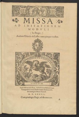 Missa ad imitationem moduli: Le Berger [...] cum quinque vocibus