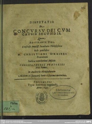 Disputatio de concursu Dei cum causis secundis