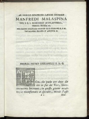 Al Nobile Generoso Saggio Signore Manfredi Malaspina [...]