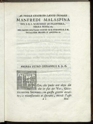 Al Nobile Generoso Saggio Signore Manfredi Malaspina [...]