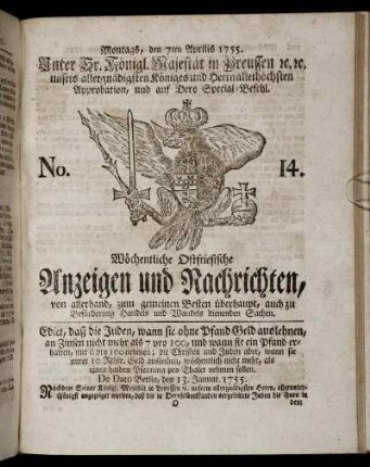 No. 14. Montags, den 7ten Aprilis, 1755.