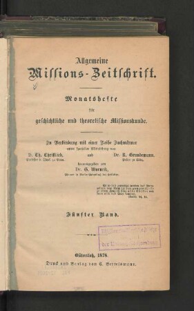 5.1878: Allgemeine Missions-Zeitschrift : Monatsh. für geschichtl. u. theoret. Missionskunde