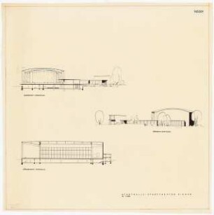 Stadthalle und Stadttheater, Siegen: Längsschnitt, Querschnitt Rückseite 1:200