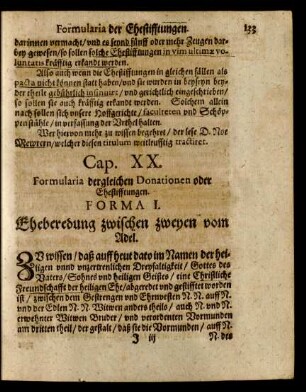 Cap. XX. Formularia dergleichen Donationen oder Ehestifftungen.