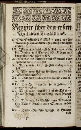 Register über den ersten Theil dieses Tractätleins.