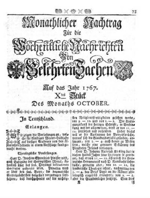 Monathlicher Nachtrag [...] Auf das Jahr 1767. Xtes Stück Des Monaths October