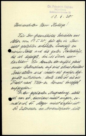 F. Stählin an G. Karo oder W. Wrede