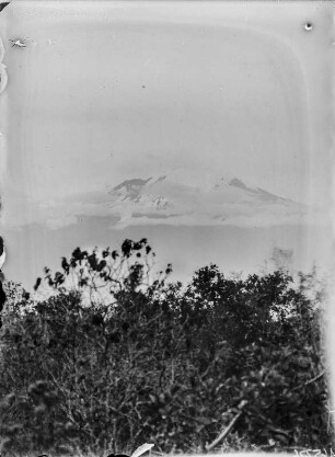 Landschaft mit Kibo : Blick über eine bewaldete Ebene auf den verschneiten und wolkenverhangenen Kibo
