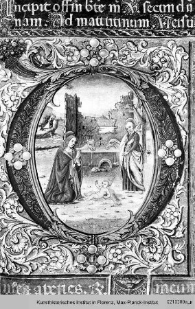 Libro da compagnie laicali: Officia Beatae Mariae Virginis et Defunctorum; Psalmi poenitales et graduales : Incipit Offitium Beate Marie Virginis secundum Curiam Romanam: Zierseite mit floralem Rahmen, historisierter Initiale D, darin die Geburt Christi, sowie Putti, Sibyllen in Mandorlae, antikisierenden Profilköpfen in Clipei, Madonna und Kind in einer Mandorla