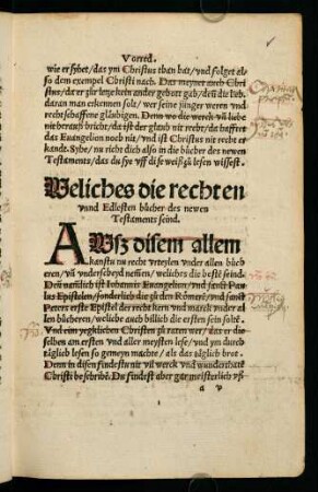 Vr-Vv, Vorred. Weliches die rechten unnd Edlesten buecher des newen Testaments seind.