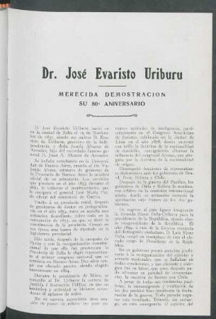 Dr. José Evaristo Uriburu : Merecida Demostración - Su 80° Aniversario
