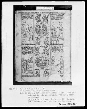 Armenbibel — Bildseite mit zwei Gruppen von typologischen Szenen, Folio 2verso