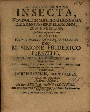 Insecta, Novisolii in Superiori Hungaria die XX. Novembris elapsi anni cum nive delapsa
