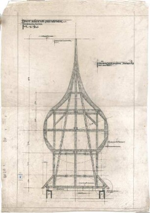 Bestelmeyer, German; Neuburg an der Donau (Bayern); Ev. Kirche - Turmhelmdachstuhl (Schnitt)