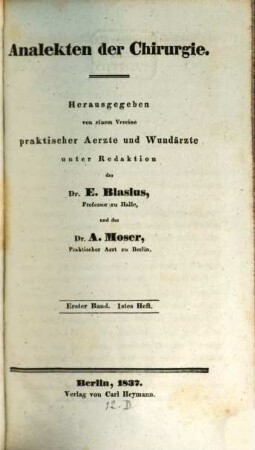 Analekten der Chirurgie. 1. 1837/38