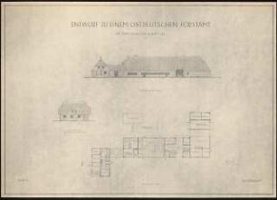 Ostdeutsches Forstamt Schinkelwettbewerb 1944: Forstsekretär-Gehöft. Ansichten von SO und SW, Grundriss EG 1:200