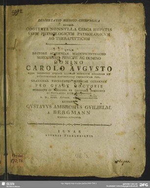 Dissertatio Medico-Chirurgica Sistens Cogitata Nonnulla Circa Hepatis Usum Physiologicum Pathologicum Ac Therapeuticum