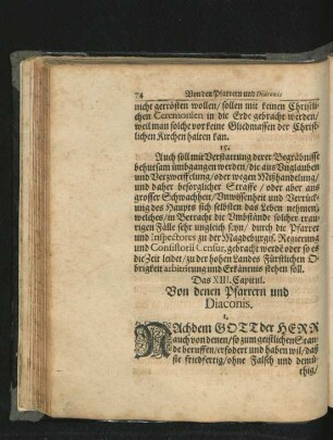 Das XIII. Capitul. Von denen Pfarrern und Diaconis.
