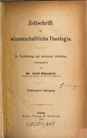Zeitschrift für wissenschaftliche Theologie. 20. 1877