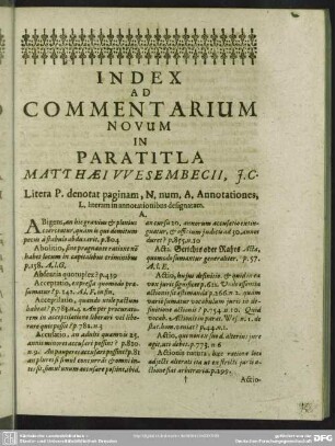 Index Ad Commentarium Novum In Paratitla Matthaei Wesembecii, J.G.