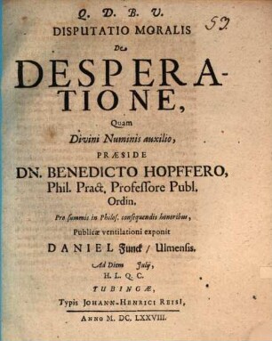 Disputatio Moralis De Desperatione