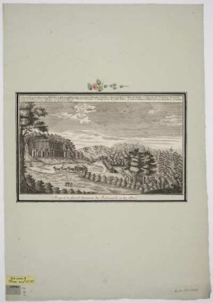 Ansicht des Gesundbrunnens bei Bad Freienwalde an der Oder, Kupferstich, um 1779 : Prospect des Gesund-Brunnens bei Freienwalde an der Oder / [Wolff Sculps.]. - [Berol.] : [Hagen] , [1779]. - 1 Vogelschauansicht : Kupferst. ; 31 x 17 cm. Titel unterhalb Bildr. - Mit Gebäudeverzeichn.