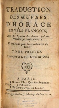Traduction des oeuvres D'Horace, Tom. 1 (1752)
