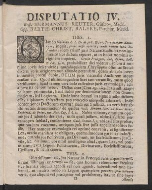 Disputatio IV. Resp. Hermannus Reuter, Güstrov. Meckl. Opp. Barth. Christ. Baleke, Parchim. Meckl.