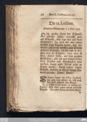 Die CL. Lection. Gehalten Mittwochs d. 7. Nov. 1725.