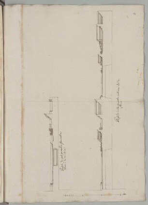 Rom, unbekannte Kirche, Fassade, Querschnitte : Rom, unbekannte Kirche, Fassade, zwei Querschnitte, unbekannter Zeichner, 1. Hälfte 18. Jh. Feder/Papier. 52,2 x 38,5 cm (Blatt), 52,2 x 32,5 cm (Zeichnung). Bez.: "Profilo di quel pezzo di facciata dove e la nichia" und "Profilo della facciata intiera della Chiesa." Maßstab mit Maßeinheit "Palm." (30 Spannen=15,2 cm). Vgl. Fassadenaufriss Bl. 33.