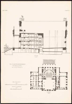 Schauspielhaus, Berlin: Grundriss, Querschnitt (aus: Baukunst d. Barock u. Klassizismus in Deutschland, hrsg. v. Zeichenaussch. d. Stud. d. TH Berlin, 1875)