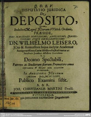 Disputatio juridica: De deposito
