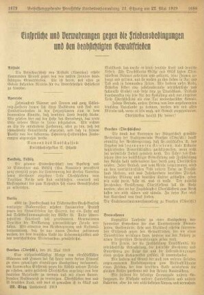 Einsprüche und Verwahrungen gegen die Friedensbedingen und den beabsichtigten Gewaltfrieden