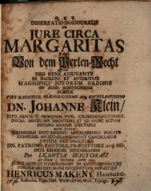 Dissertatio Inauguralis De Iure Circa Margaritas Vulgo Von dem PerlenRecht