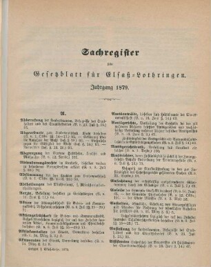 Sachregister zum Gesetzblatt für Elsaß-Lothringen. Jahrgang 1879