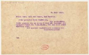 Brief an Emil von Sauer : 08.07.1922