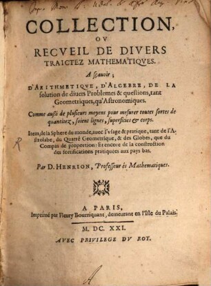 Collection de divers traitez Mathematiques