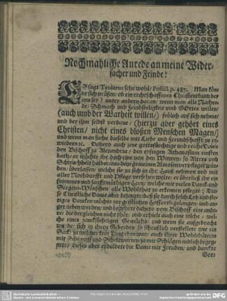 Nochmahliche Anrede an meine Widersacher und Feinde!