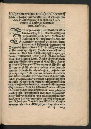 Volgen die vortreg unnd hendel/ darauff sich der Churfürst zu Sachssen/ ... Referiert.