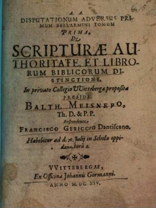 Disputationum Adversus Primum Bellarmini Tomum ..., 1. De Scripturae Authoritate, Et Librorum Biblicorum Distinctione