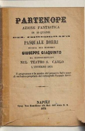 Partenope : azione fantastica in 10 quadri ; da rappresentarsi nel Teatro S. Carlo l'inverno 1874