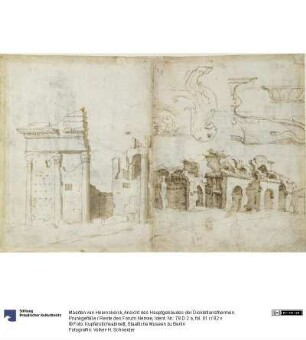 Ansicht des Hauptgebäudes der Diokletiansthermen. Prunkgefäße / Reste des Forum Nervae