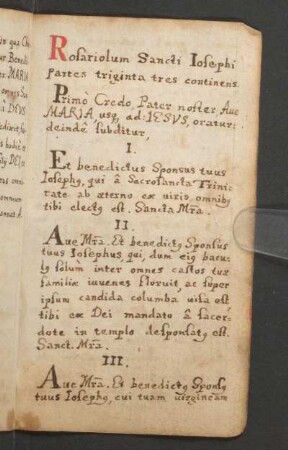 Rosariolum Sancti Iosephi partes triginta tres continens.